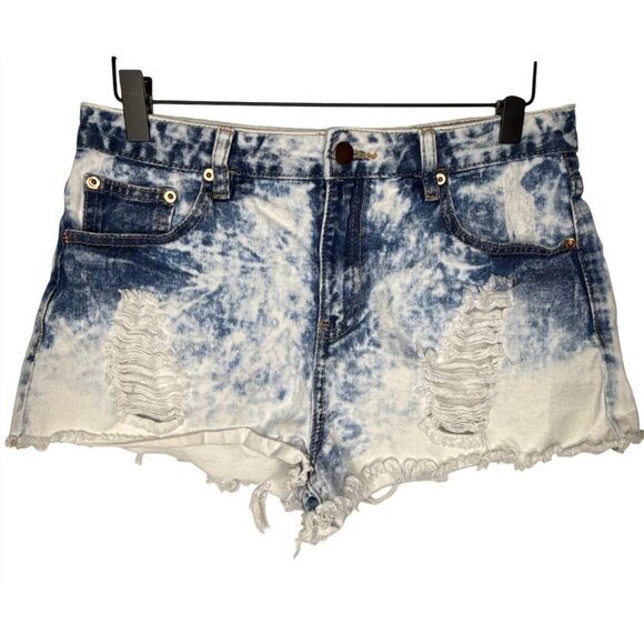 Forever 21 Womens Denim Shorts Ripped Sz 28 Raw Hem Blue Jean Cut Offs Acid Wash - Picture 1 of 12